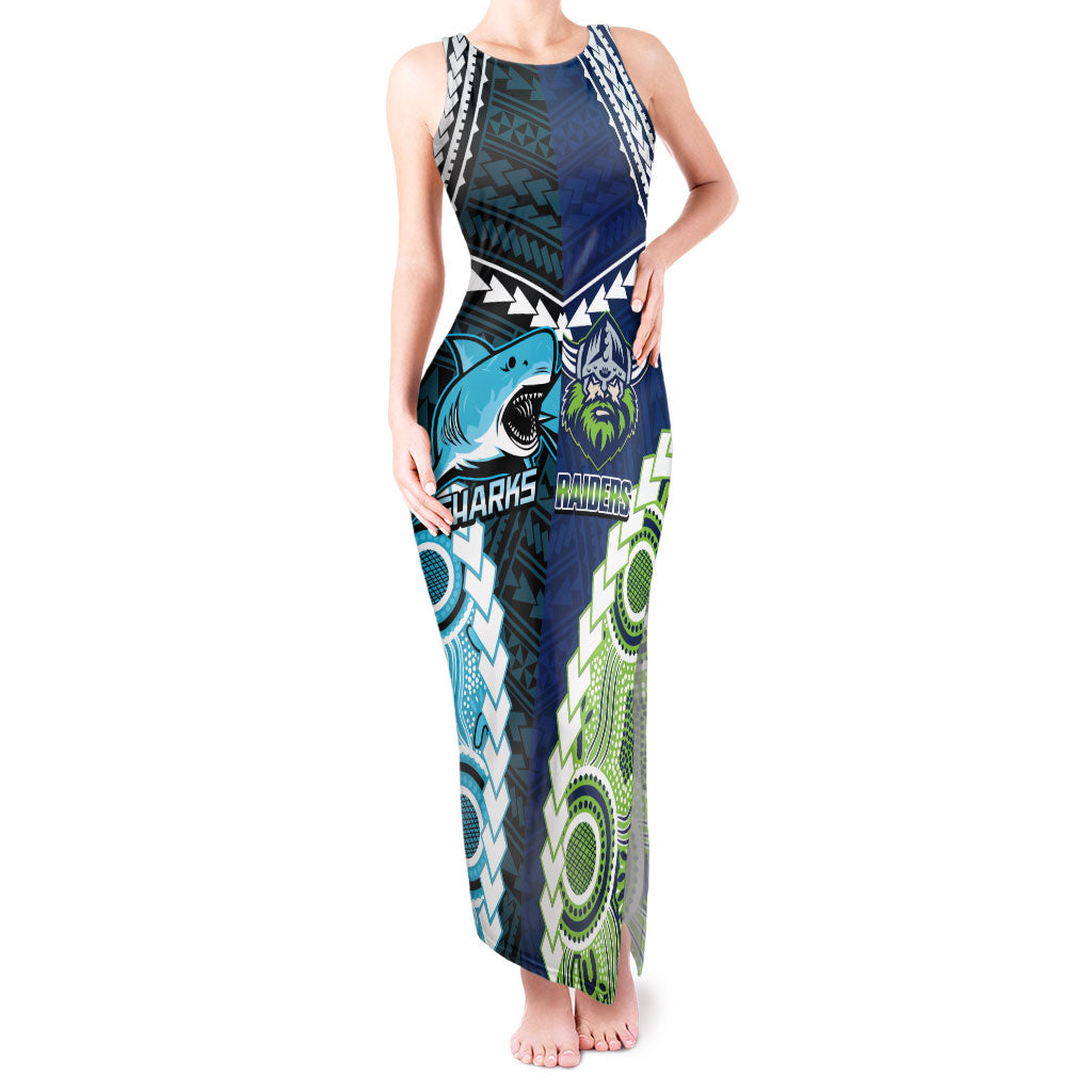 Custom Rugby Sharks and Raiders Tank Maxi Dress 2026 Together Aboriginal Polynesian Pattern