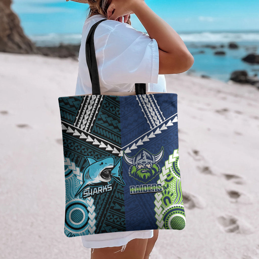 Rugby Sharks and Raiders Tote Bag 2026 Together Aboriginal Polynesian Pattern