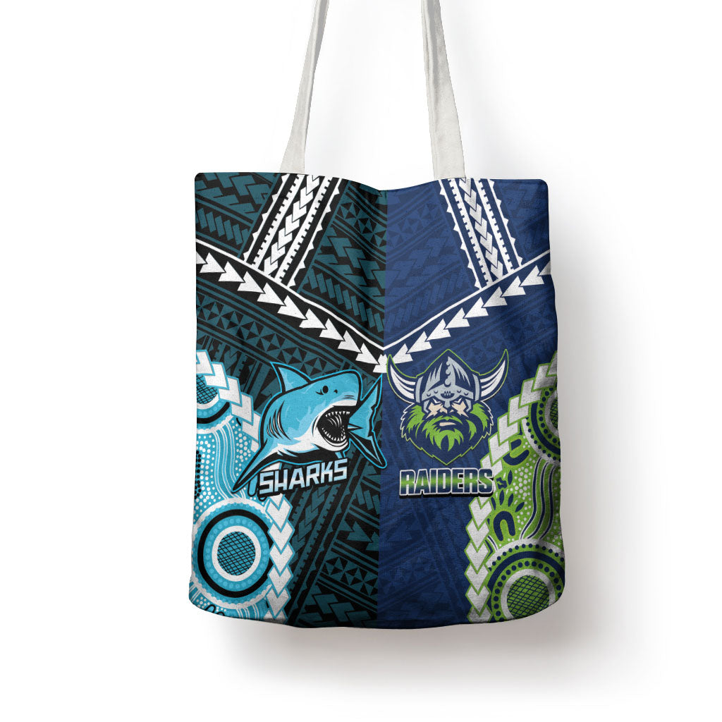Rugby Sharks and Raiders Tote Bag 2026 Together Aboriginal Polynesian Pattern