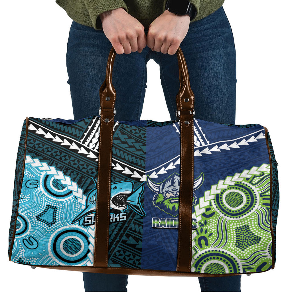 Rugby Sharks and Raiders Travel Bag 2026 Together Aboriginal Polynesian Pattern