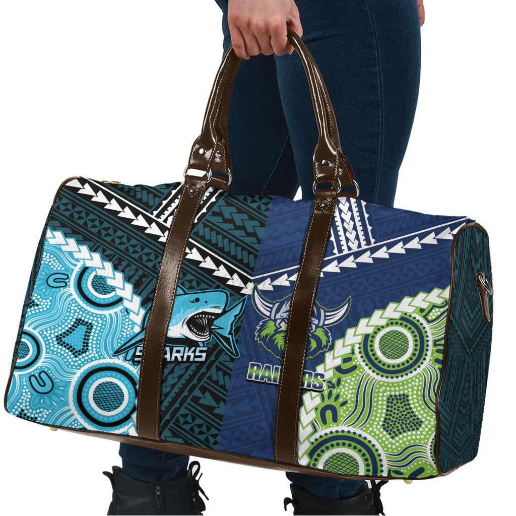 Rugby Sharks and Raiders Travel Bag 2026 Together Aboriginal Polynesian Pattern