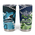 Custom Rugby Sharks and Raiders Tumbler Cup 2026 Together Aboriginal Polynesian Pattern