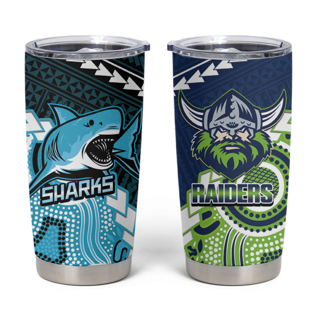 Custom Rugby Sharks and Raiders Tumbler Cup 2026 Together Aboriginal Polynesian Pattern
