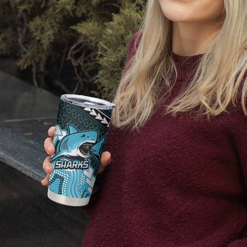 Custom Rugby Sharks and Raiders Tumbler Cup 2026 Together Aboriginal Polynesian Pattern