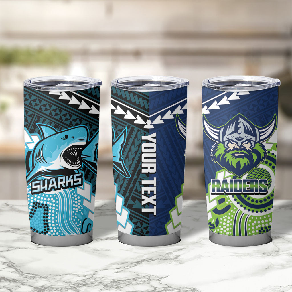 Custom Rugby Sharks and Raiders Tumbler Cup 2026 Together Aboriginal Polynesian Pattern