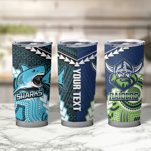 Custom Rugby Sharks and Raiders Tumbler Cup 2026 Together Aboriginal Polynesian Pattern