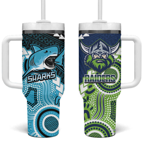 Custom Rugby Sharks and Raiders Tumbler With Handle 2026 Together Aboriginal Polynesian Pattern