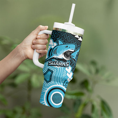 Custom Rugby Sharks and Raiders Tumbler With Handle 2026 Together Aboriginal Polynesian Pattern