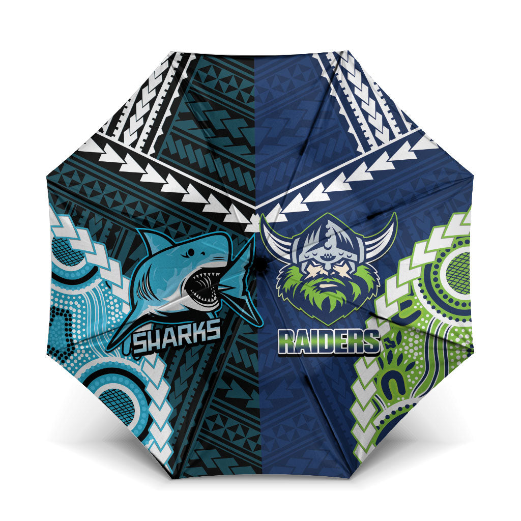 Rugby Sharks and Raiders Umbrella 2026 Together Aboriginal Polynesian Pattern