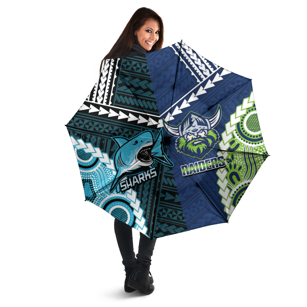 Rugby Sharks and Raiders Umbrella 2026 Together Aboriginal Polynesian Pattern
