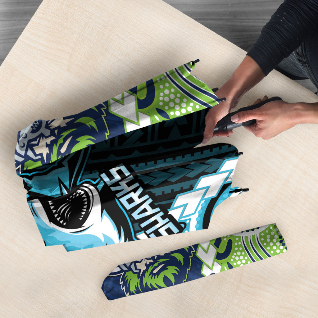 Rugby Sharks and Raiders Umbrella 2026 Together Aboriginal Polynesian Pattern
