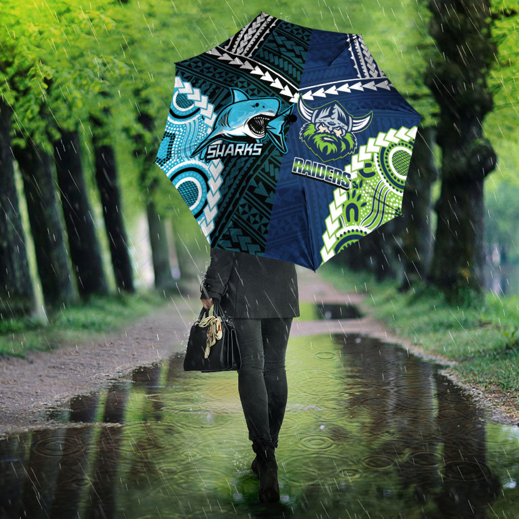 Rugby Sharks and Raiders Umbrella 2026 Together Aboriginal Polynesian Pattern