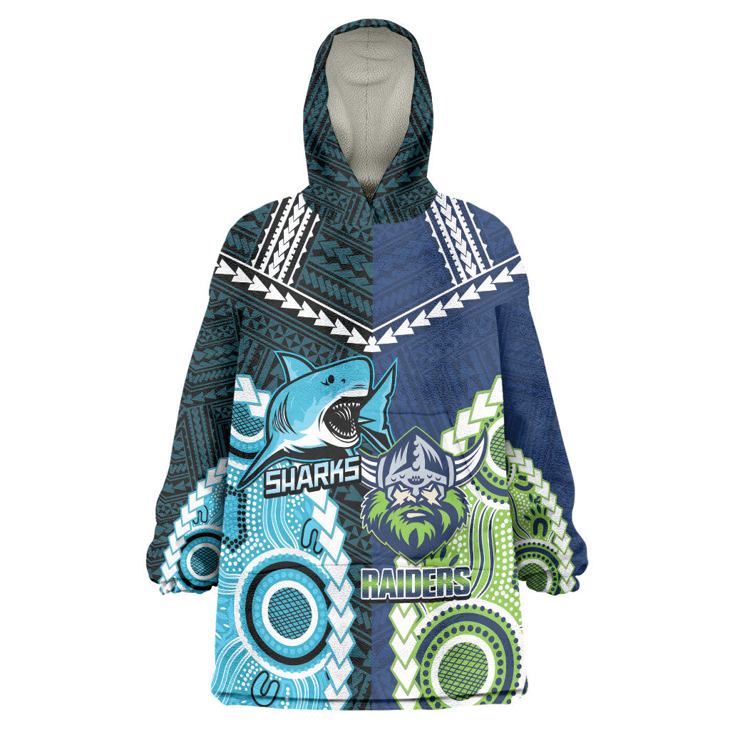 Custom Rugby Sharks and Raiders Wearable Blanket Hoodie 2026 Together Aboriginal Polynesian Pattern