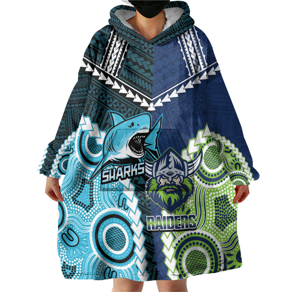 Custom Rugby Sharks and Raiders Wearable Blanket Hoodie 2026 Together Aboriginal Polynesian Pattern