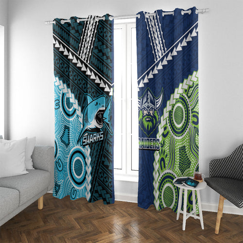 Rugby Sharks and Raiders Window Curtain 2026 Together Aboriginal Polynesian Pattern