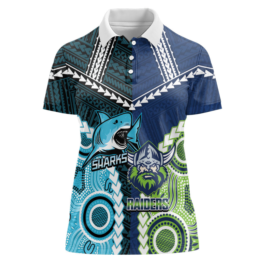 Custom Rugby Sharks and Raiders Women Polo Shirt 2026 Together Aboriginal Polynesian Pattern