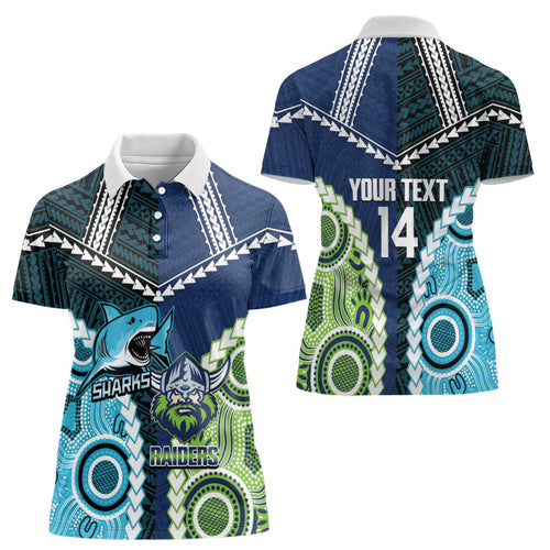 Custom Rugby Sharks and Raiders Women Polo Shirt 2026 Together Aboriginal Polynesian Pattern