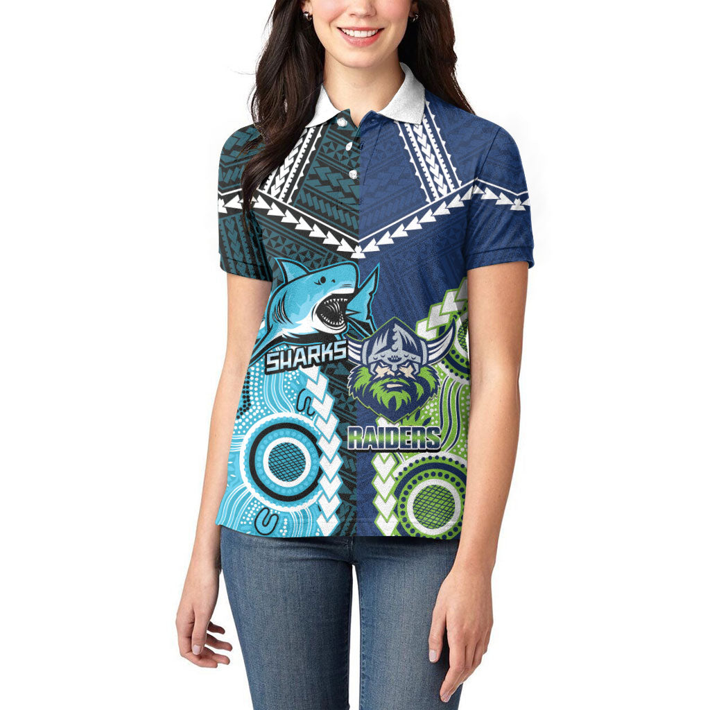 Custom Rugby Sharks and Raiders Women Polo Shirt 2026 Together Aboriginal Polynesian Pattern