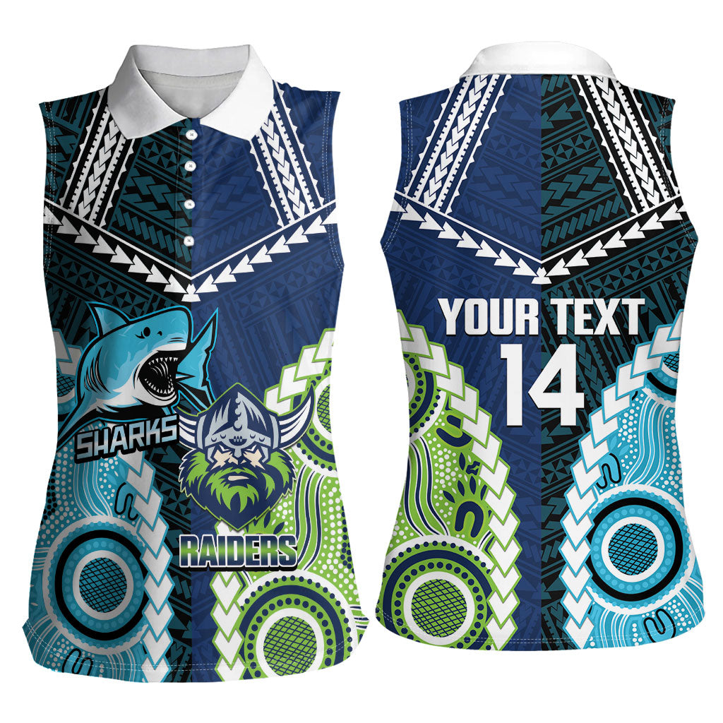 Custom Rugby Sharks and Raiders Women Sleeveless Polo Shirt 2026 Together Aboriginal Polynesian Pattern