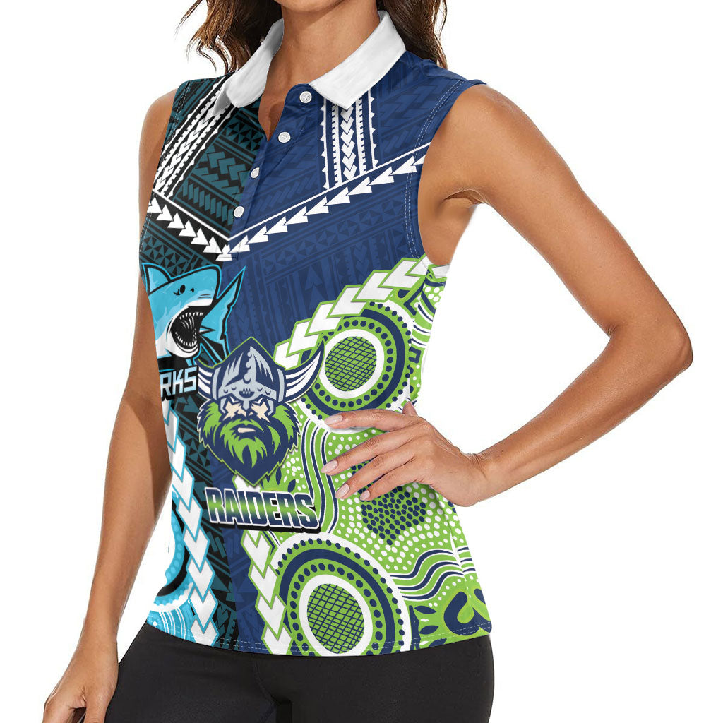Custom Rugby Sharks and Raiders Women Sleeveless Polo Shirt 2026 Together Aboriginal Polynesian Pattern
