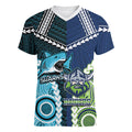 Custom Rugby Sharks and Raiders Women V-Neck T-Shirt 2026 Together Aboriginal Polynesian Pattern