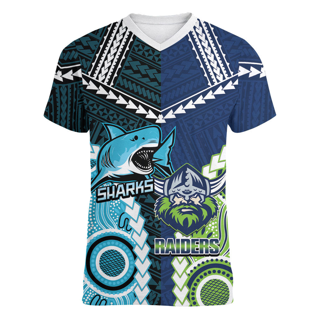 Custom Rugby Sharks and Raiders Women V-Neck T-Shirt 2026 Together Aboriginal Polynesian Pattern