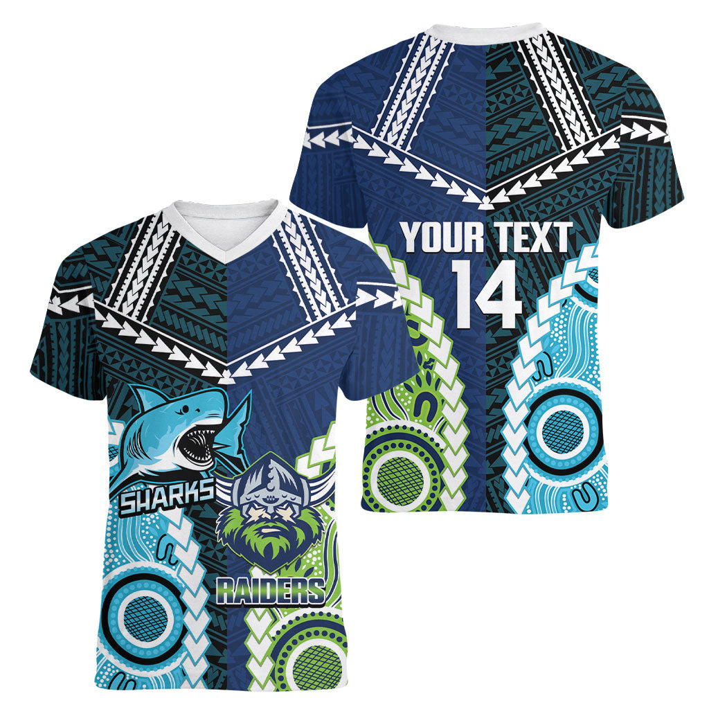 Custom Rugby Sharks and Raiders Women V-Neck T-Shirt 2026 Together Aboriginal Polynesian Pattern