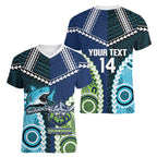 Custom Rugby Sharks and Raiders Women V-Neck T-Shirt 2026 Together Aboriginal Polynesian Pattern