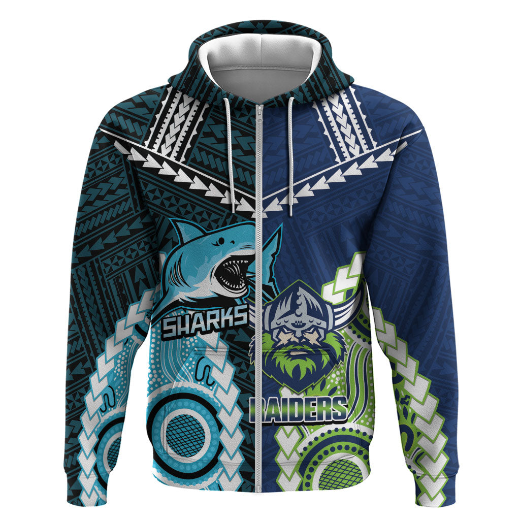 Custom Rugby Sharks and Raiders Zip Hoodie 2026 Together Aboriginal Polynesian Pattern