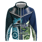 Custom Rugby Sharks and Raiders Zip Hoodie 2026 Together Aboriginal Polynesian Pattern