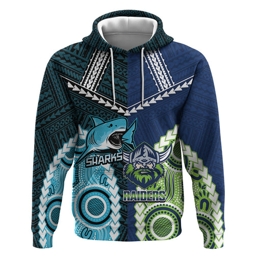 Custom Rugby Sharks and Raiders Zip Hoodie 2026 Together Aboriginal Polynesian Pattern
