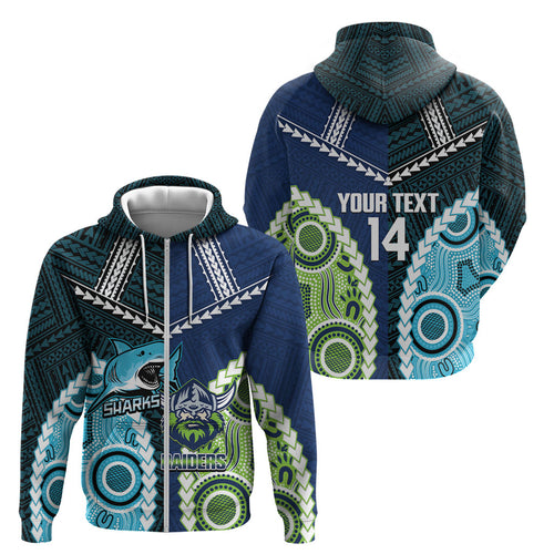 Custom Rugby Sharks and Raiders Zip Hoodie 2026 Together Aboriginal Polynesian Pattern