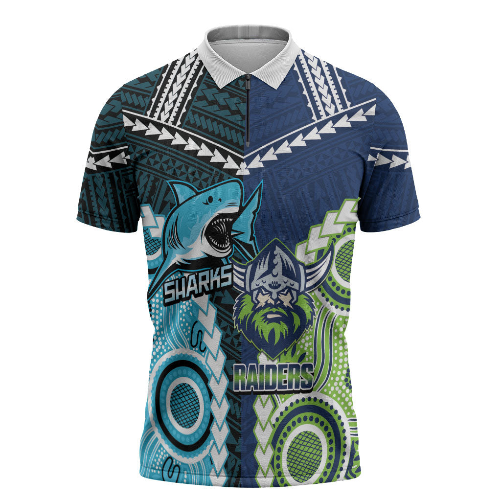 Custom Rugby Sharks and Raiders Zipper Polo Shirt 2026 Together Aboriginal Polynesian Pattern