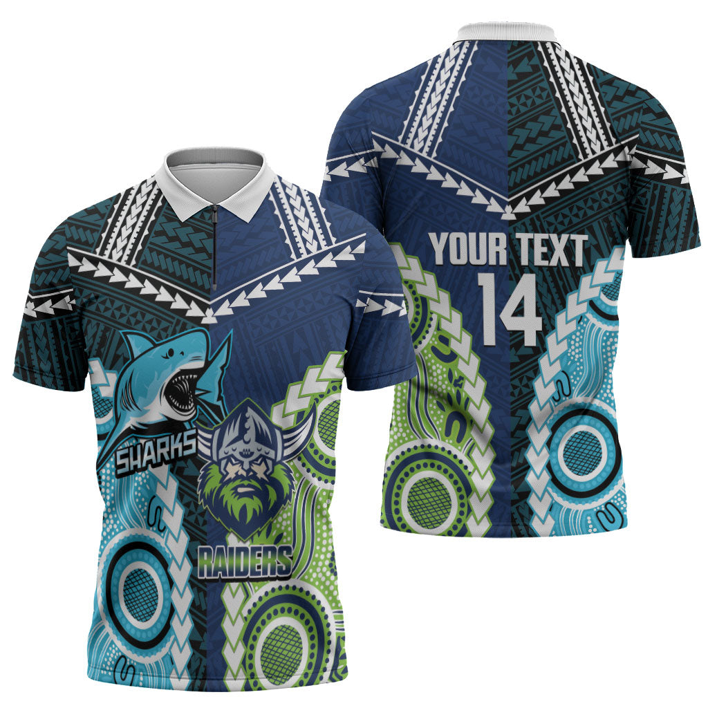 Custom Rugby Sharks and Raiders Zipper Polo Shirt 2026 Together Aboriginal Polynesian Pattern