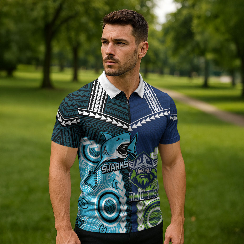 Custom Rugby Sharks and Raiders Zipper Polo Shirt 2026 Together Aboriginal Polynesian Pattern