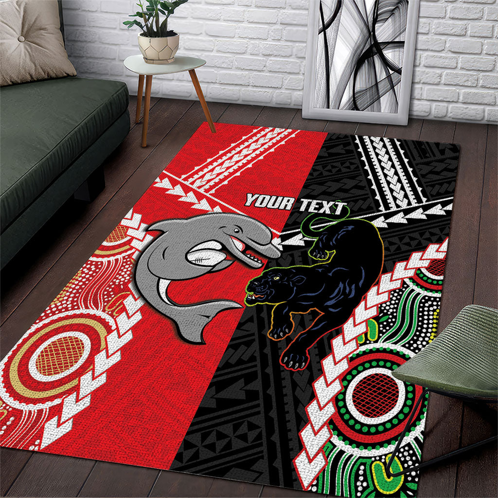 Custom Rugby Panthers and Dolphins Area Rug 2026 Together Aboriginal Polynesian Pattern