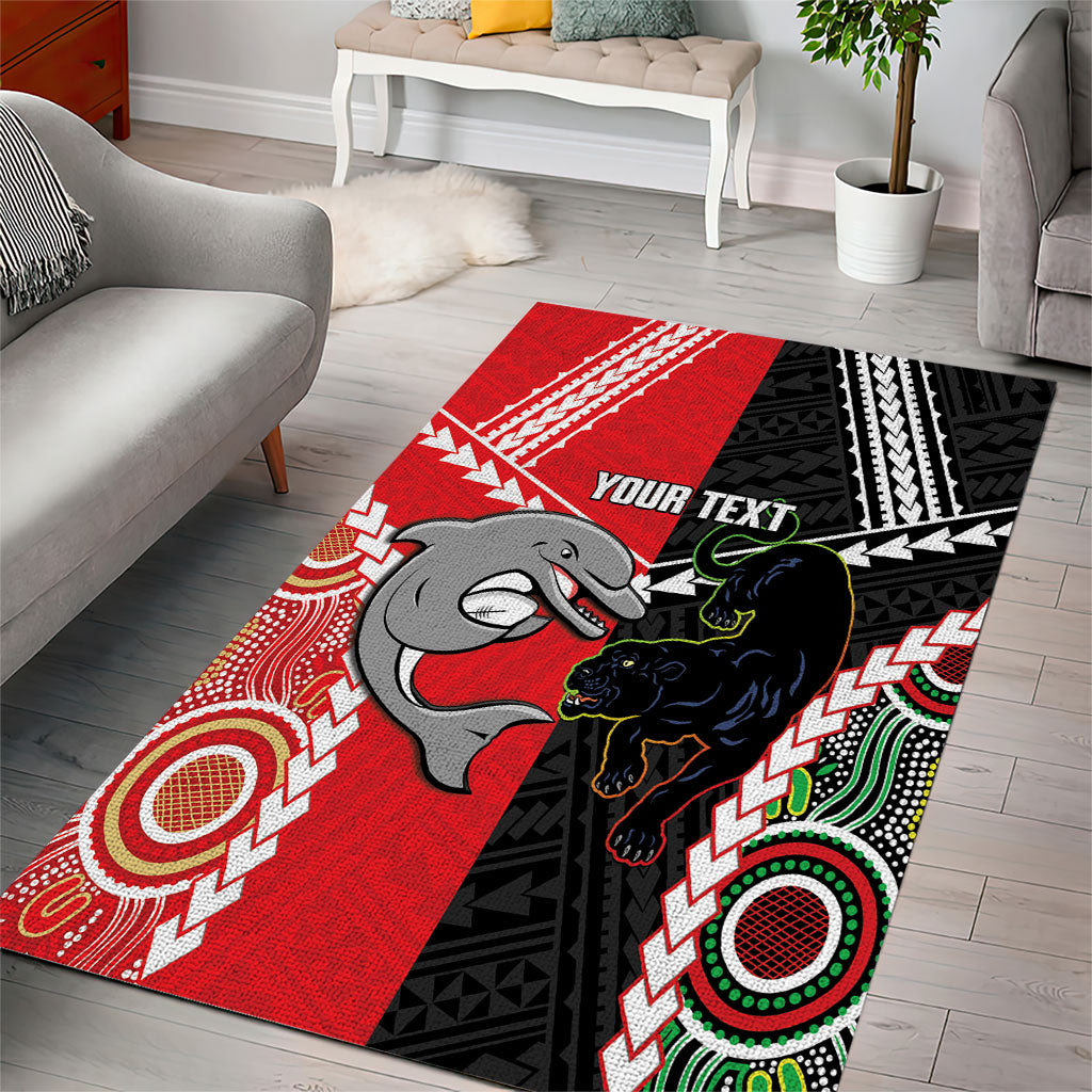 Custom Rugby Panthers and Dolphins Area Rug 2026 Together Aboriginal Polynesian Pattern