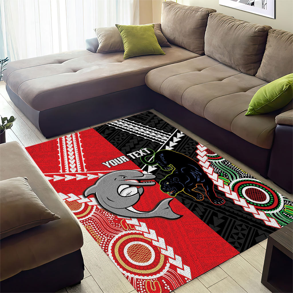 Custom Rugby Panthers and Dolphins Area Rug 2026 Together Aboriginal Polynesian Pattern
