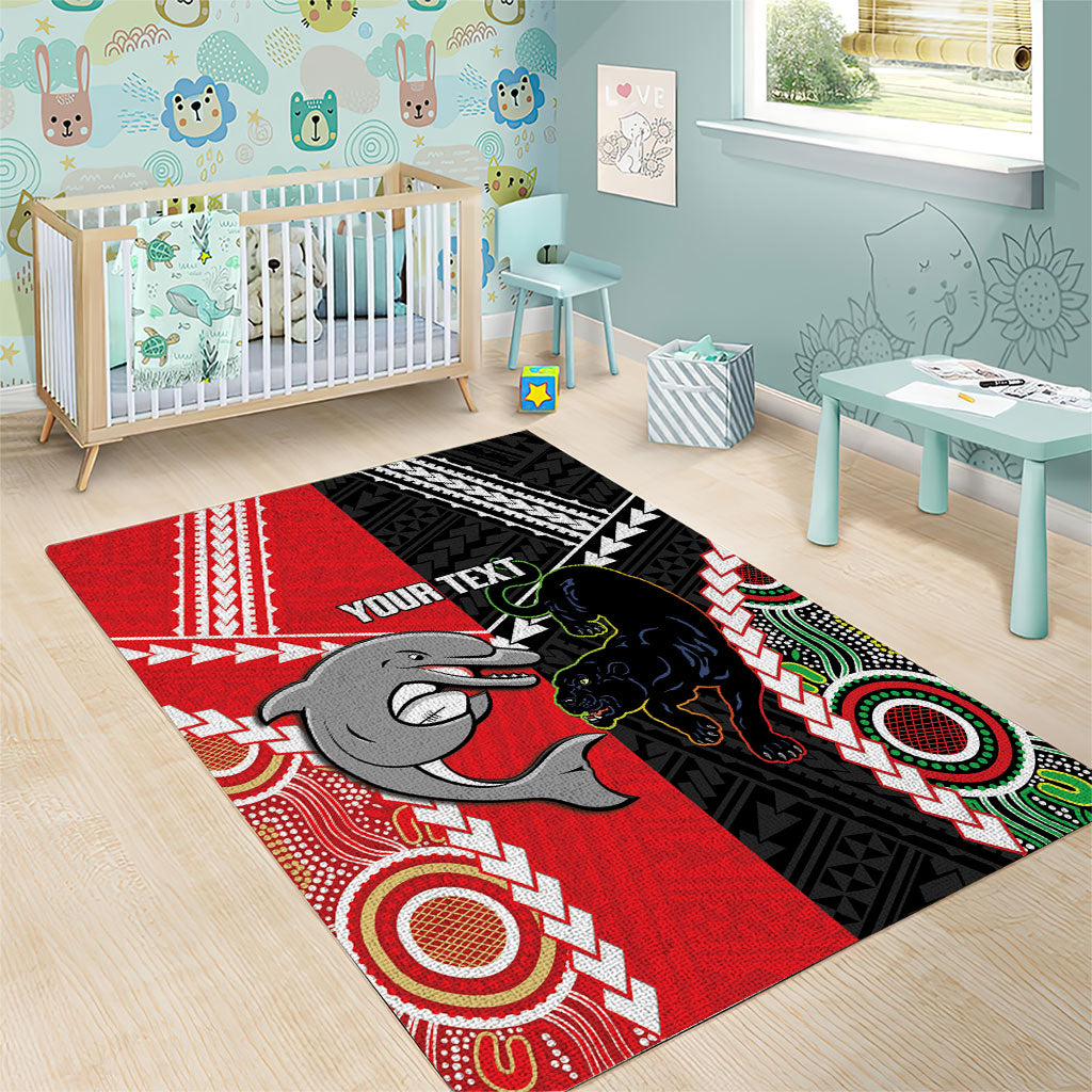 Custom Rugby Panthers and Dolphins Area Rug 2026 Together Aboriginal Polynesian Pattern