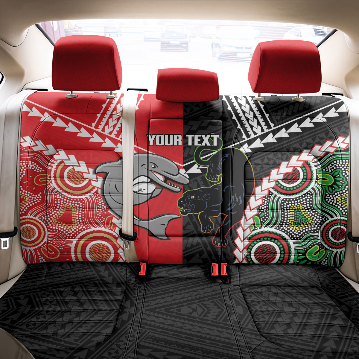 Custom Rugby Panthers and Dolphins Back Car Seat Cover 2026 Together Aboriginal Polynesian Pattern