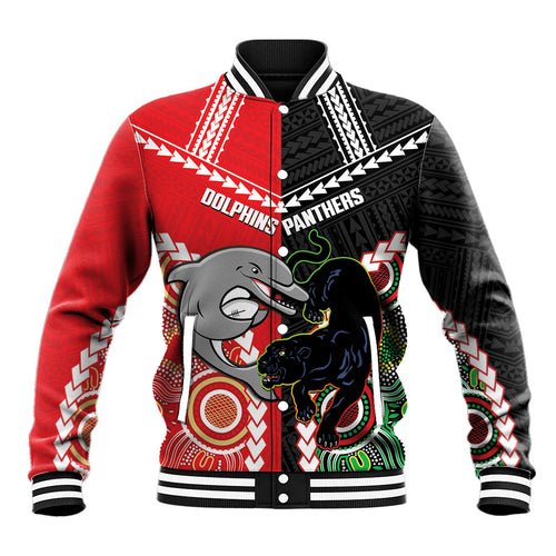 Custom Rugby Panthers and Dolphins Baseball Jacket 2026 Together Aboriginal Polynesian Pattern