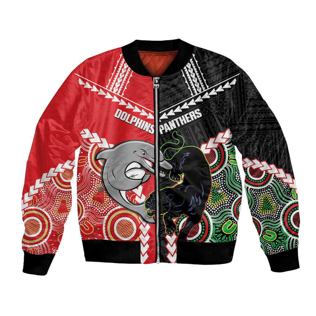 Custom Rugby Panthers and Dolphins Bomber Jacket 2026 Together Aboriginal Polynesian Pattern