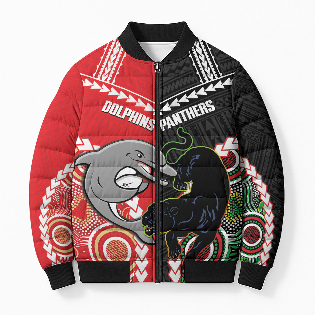 Custom Rugby Panthers and Dolphins Bomber Puffer Jacket 2026 Together Aboriginal Polynesian Pattern