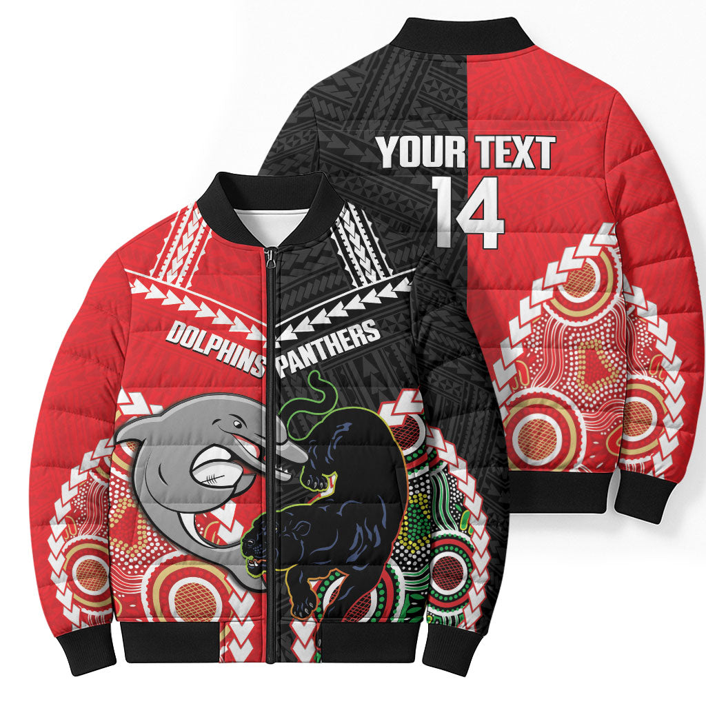 Custom Rugby Panthers and Dolphins Bomber Puffer Jacket 2026 Together Aboriginal Polynesian Pattern