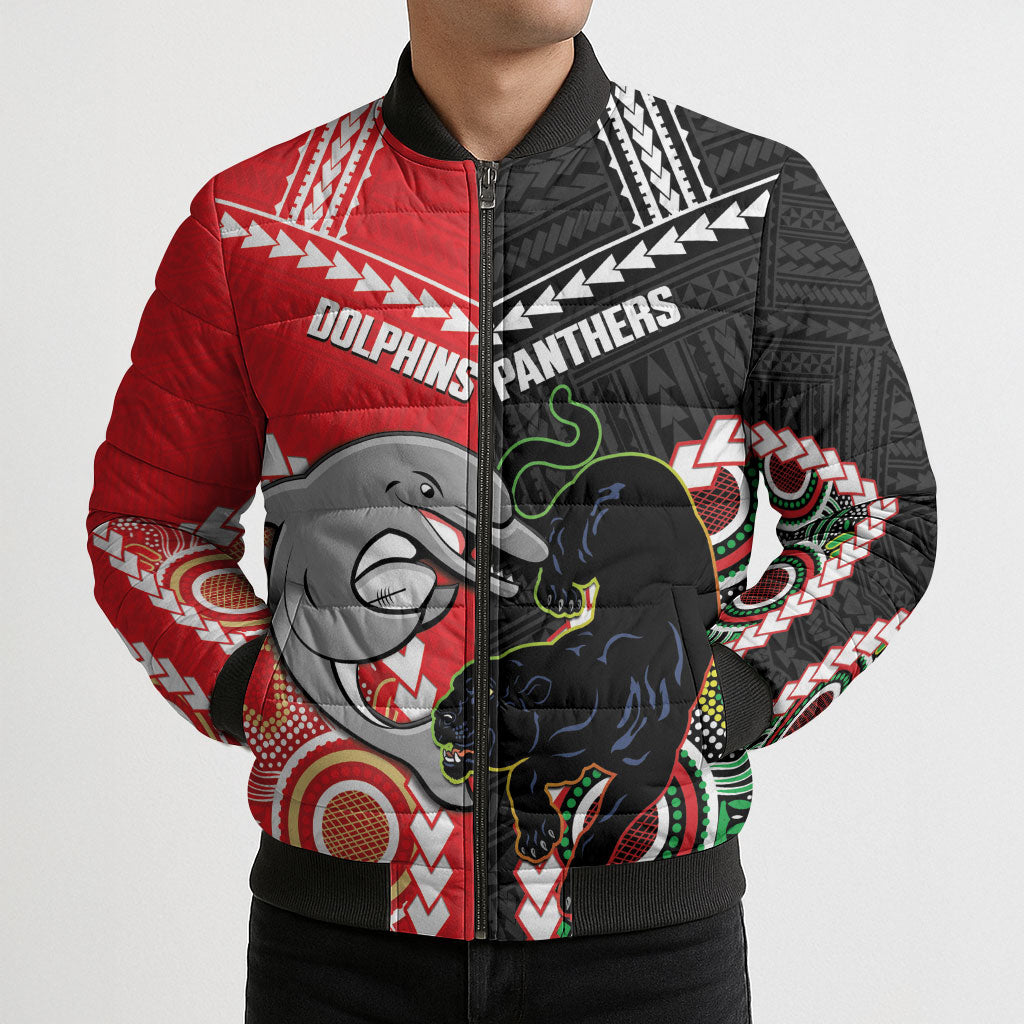 Custom Rugby Panthers and Dolphins Bomber Puffer Jacket 2026 Together Aboriginal Polynesian Pattern