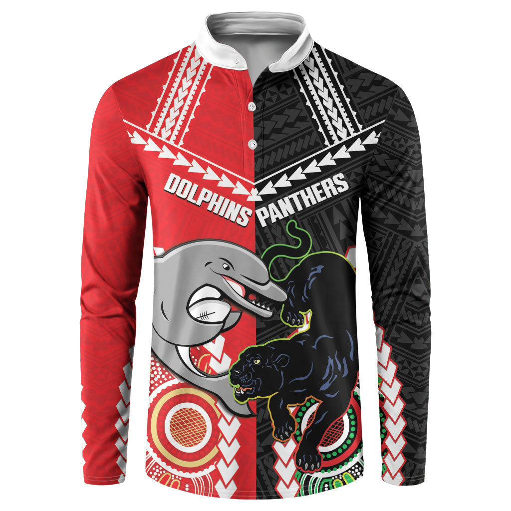 Custom Rugby Panthers and Dolphins Button Sweatshirt 2026 Together Aboriginal Polynesian Pattern