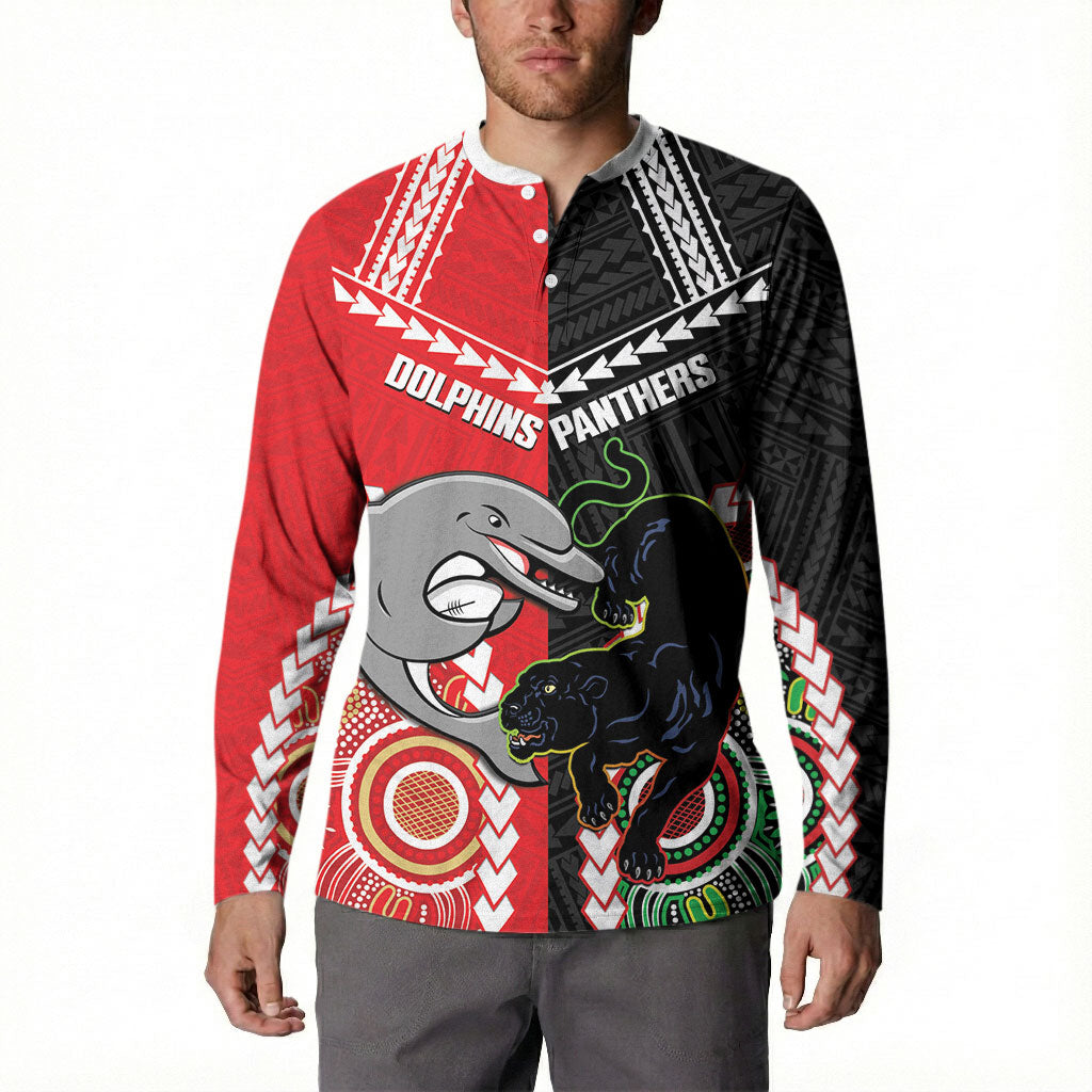 Custom Rugby Panthers and Dolphins Button Sweatshirt 2026 Together Aboriginal Polynesian Pattern