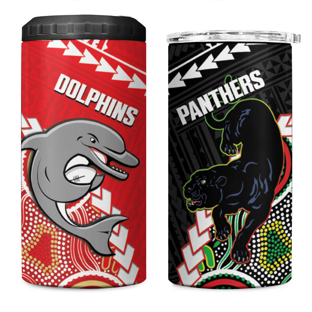 Custom Rugby Panthers and Dolphins 4 in 1 Can Cooler Tumbler 2026 Together Aboriginal Polynesian Pattern