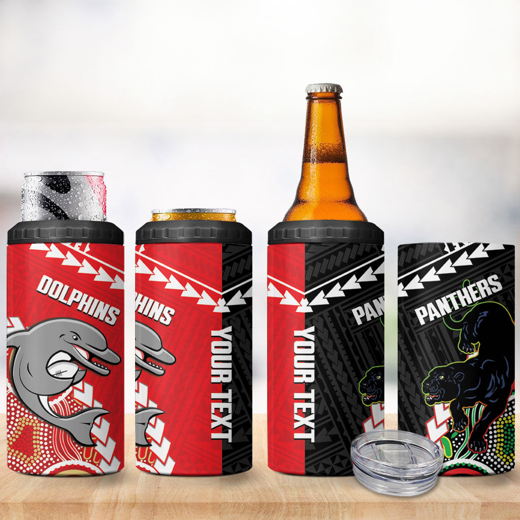 Custom Rugby Panthers and Dolphins 4 in 1 Can Cooler Tumbler 2026 Together Aboriginal Polynesian Pattern
