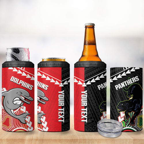 Custom Rugby Panthers and Dolphins 4 in 1 Can Cooler Tumbler 2026 Together Aboriginal Polynesian Pattern